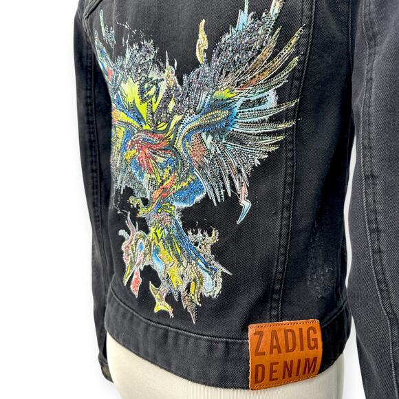 ZADIG & VOLTAIRE | XS | Kioky Eagle Distressed Grunge Denim Jacket In Noir - Picture 5 of 12